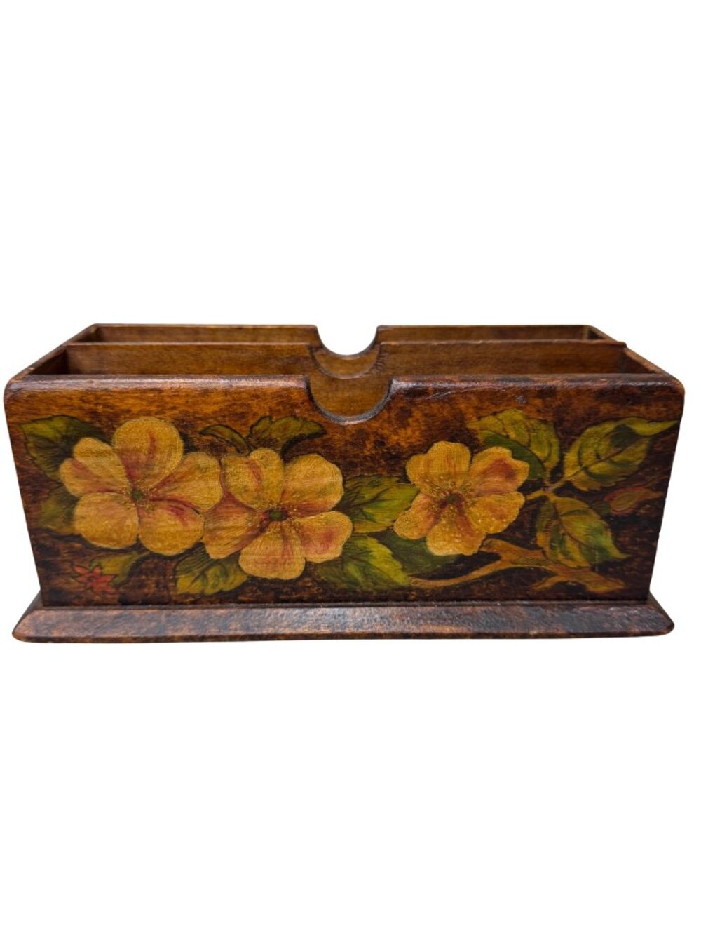 Vintage Flemish Art Co. Wooden Letter Holder Pyrography Handpainted Floral 9x5